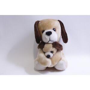 Mother Dog Hugging a Puppy, 8", Soft Toy, Light Brown, Love, Family, Stuffed
